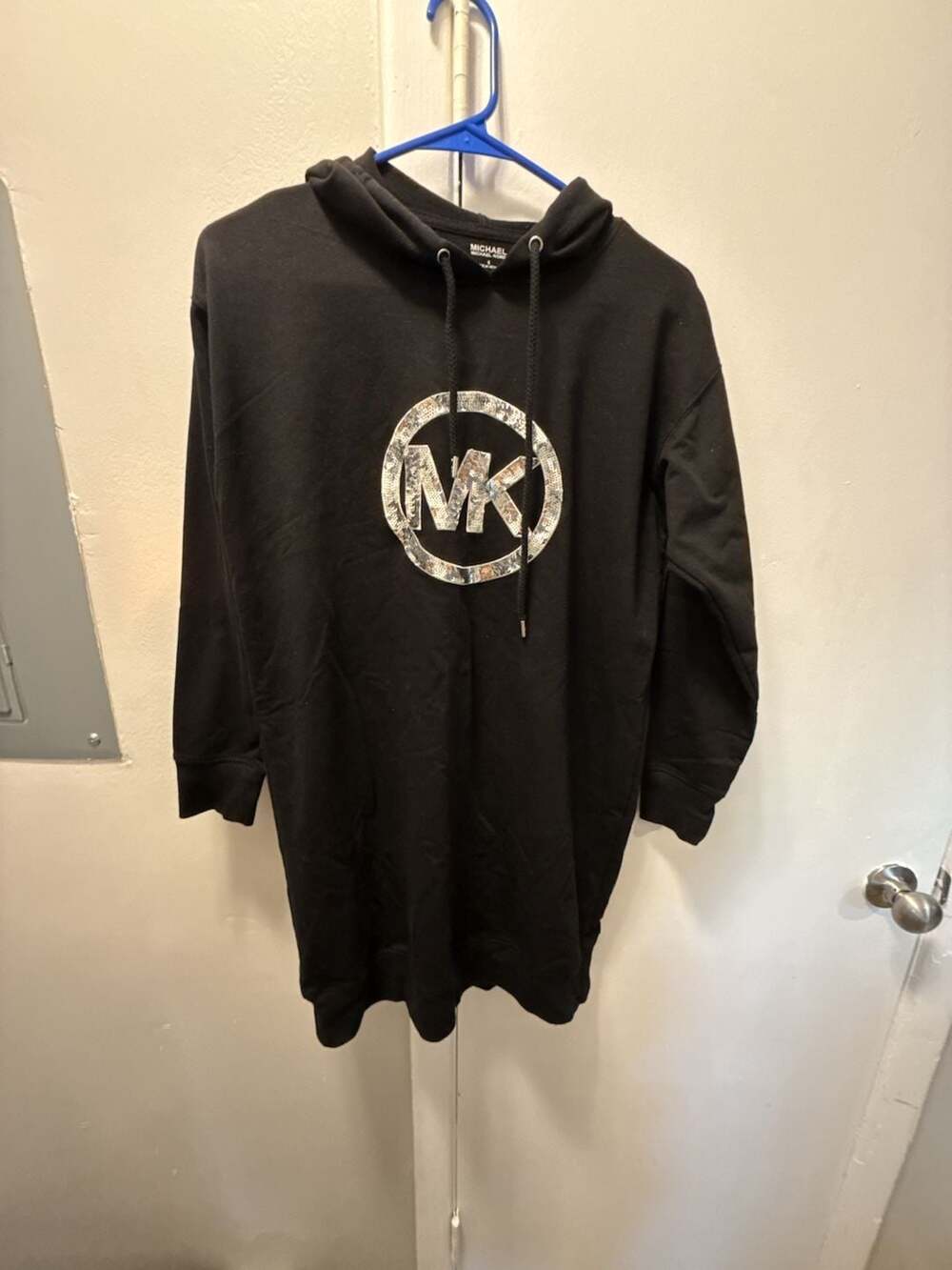 Michael Michael Kors Embellished Logo Cotton Hoodie Dress Size S Black